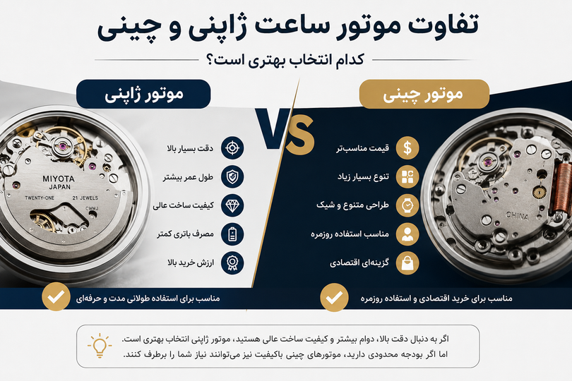 تفاوت موتور ساعت ژاپنی و چینی؛ راهنمای کامل برای انتخاب بهترین ساعت مچی
