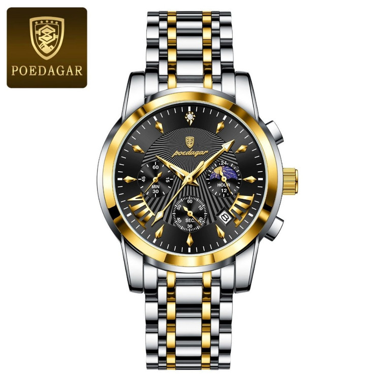 ساعت مچی مردانه چهارموتورفعال اورجینال پودگارضداب رنگ ثابت شبنما نمایش خورشید وماه کیفیت عالیPOEDAGAR