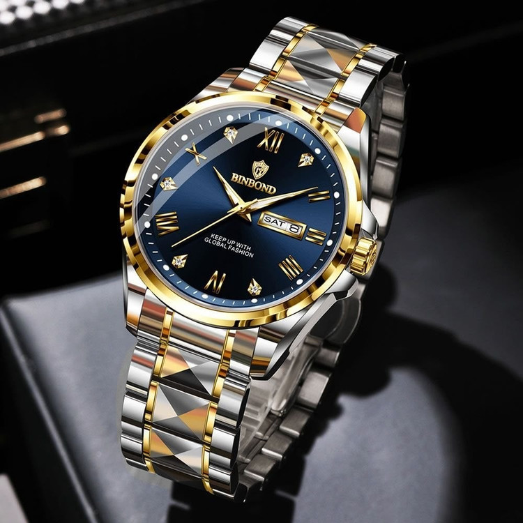 ساعت مچی مردانه اورجینال بین باند دوتقویم رنگ ثابت ضداب شب نما قفل مخفی کیفیت بینظیرBIN BOND