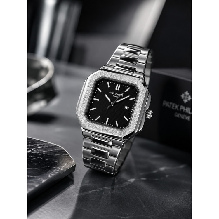 ساعت مچی مردانه پتک فیلیپ کوبیتوس مربع شب نما رنگ ثابت قفل مخفی PATEK PHILIPE