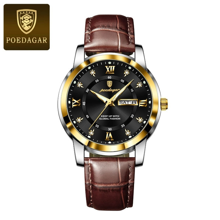 ساعت مچی مردانه پودگار اورجینال بند چرم اصلی دوتقویم فعال ضداب رنگ ثابت شیشه سافایر کیفیت اورجینال POEDAGAR