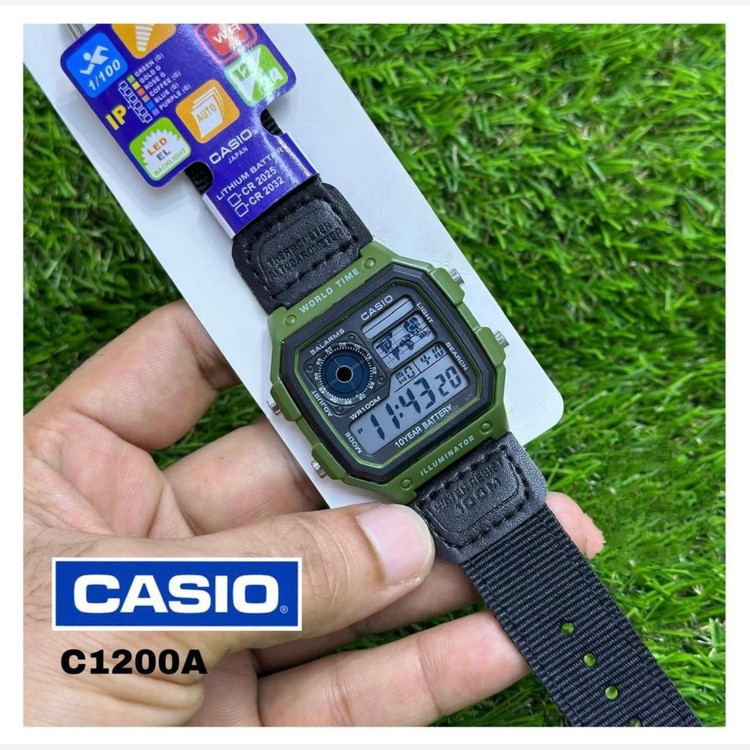 ساعت مچی مردانه کاسیو جهان نما بند برزنتی دوردوخت نمایش دیجیتالی کیفیت عالیCASIO